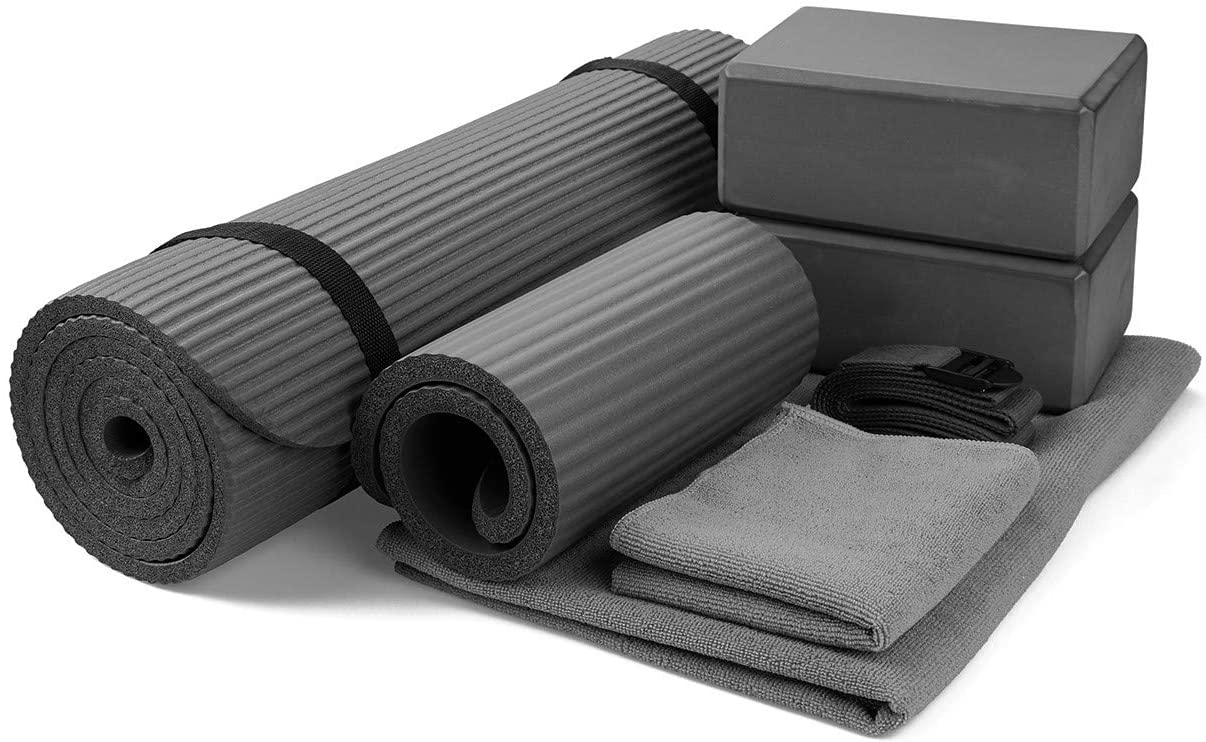 BalanceFrom GoYoga 7-Piece Set - Include Yoga Mat with Carrying Strap, 2 Yoga Blocks, Yoga Mat Towel, Yoga Hand Towel, Yoga Strap and Yoga Knee Pad